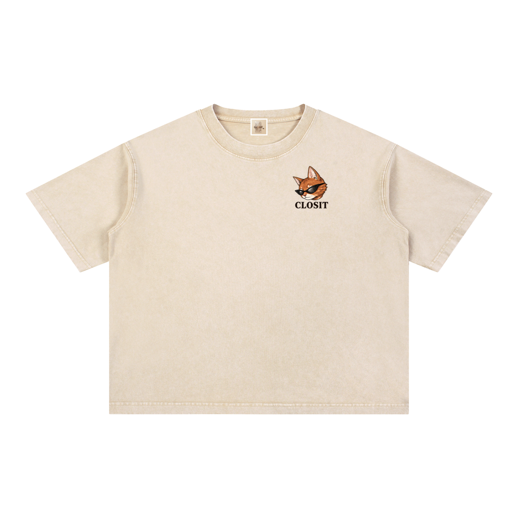 Light Apricot oversized T-shirt, front view with small cat graphic and Closit lettering.