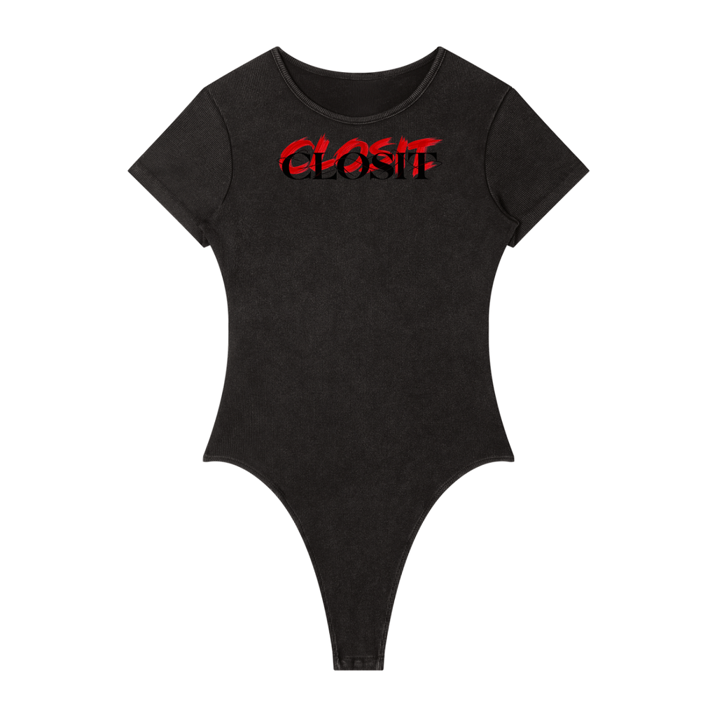 Washed Black mineral-wash bodysuit, front view with small red Closit logo below the neckline.