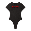 Washed Black mineral-wash bodysuit, front view with small red Closit logo below the neckline.