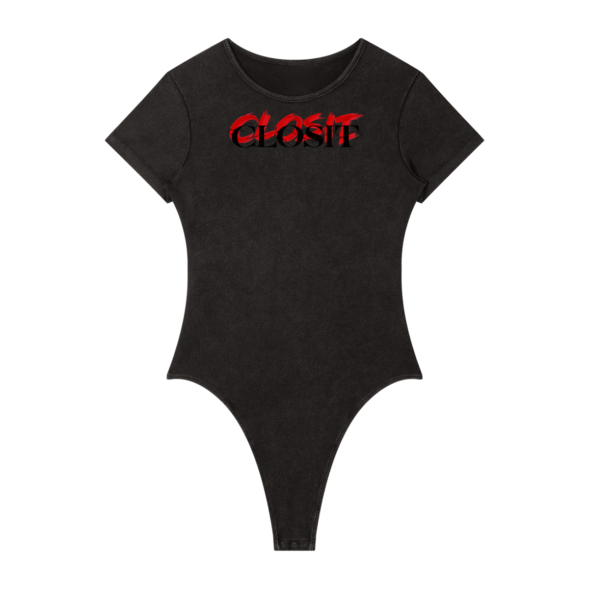 Washed Black mineral-wash bodysuit, front view with small red Closit logo below the neckline.
