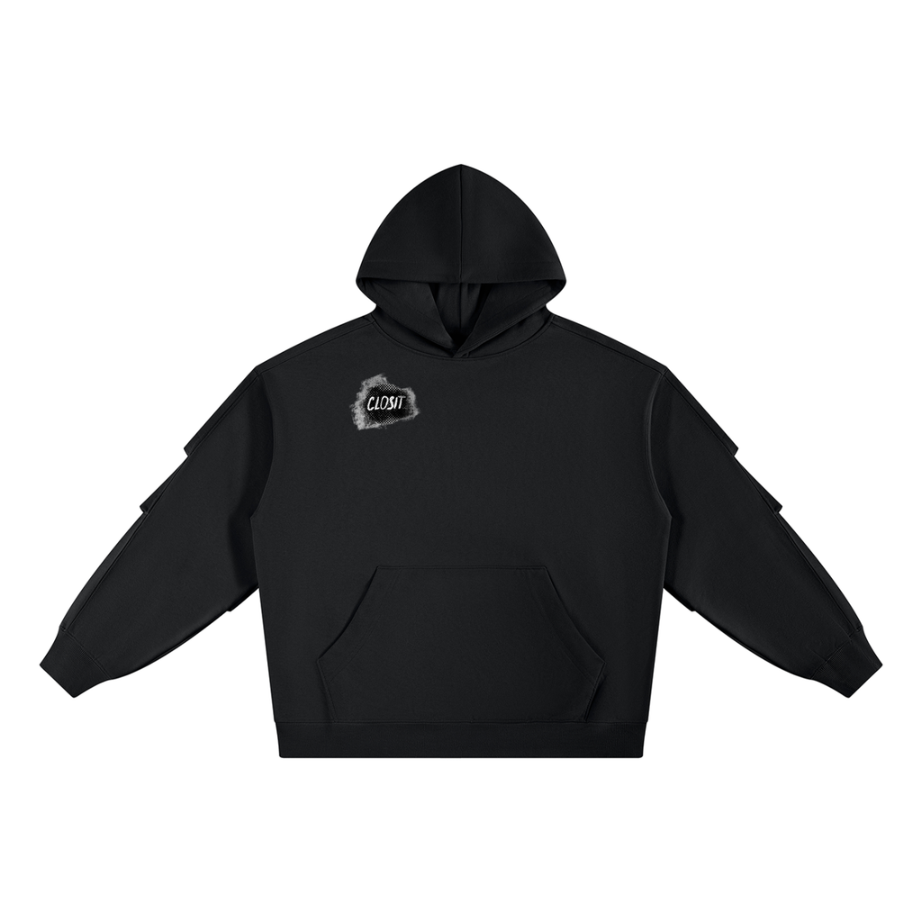 Black ruched-sleeve hoodie, front view with small white chest graphic, kangaroo pocket and gathered sleeves.
