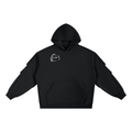 Black ruched-sleeve hoodie, front view with small white chest graphic, kangaroo pocket and gathered sleeves.