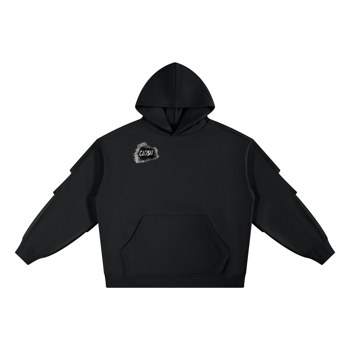 Black ruched-sleeve hoodie, front view with small white chest graphic, kangaroo pocket and gathered sleeves.
