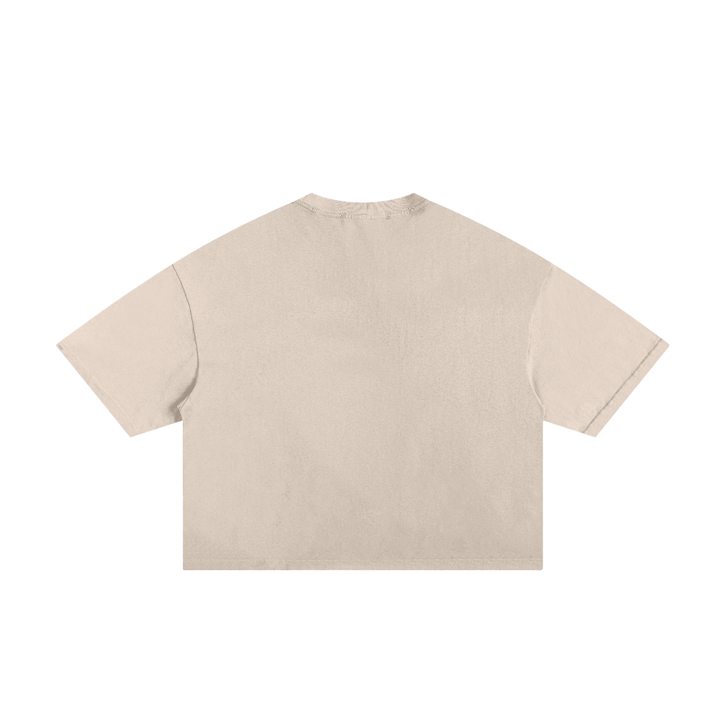 Apricot frayed boxy T-shirt, back view with plain fabric without a printed graphic.
