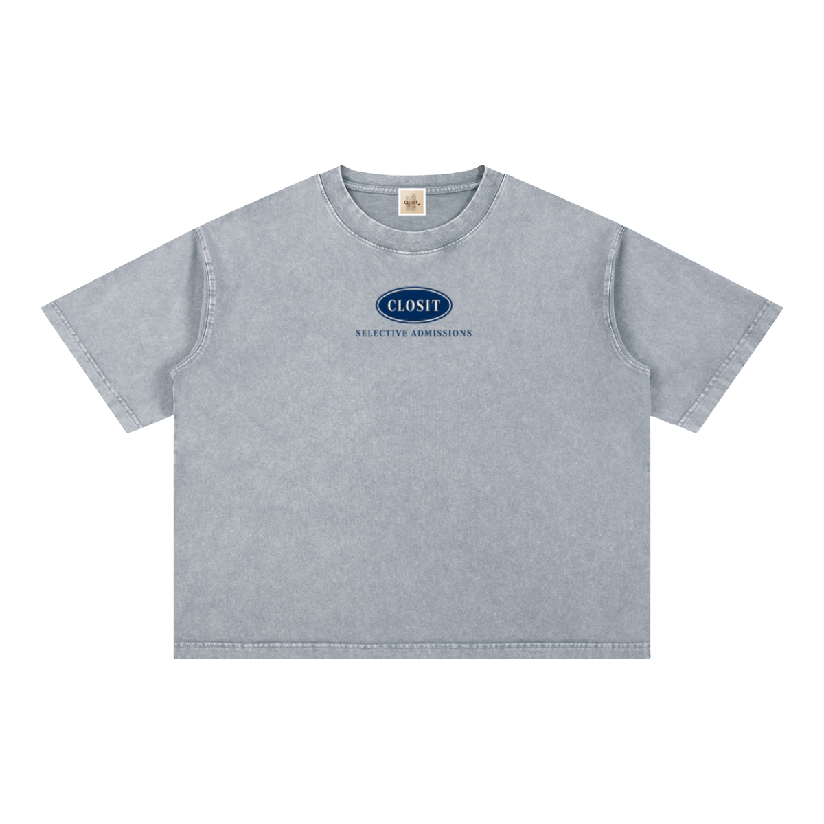 Front of the light gray oversized tee with navy Closit logo and Selective Admissions text.