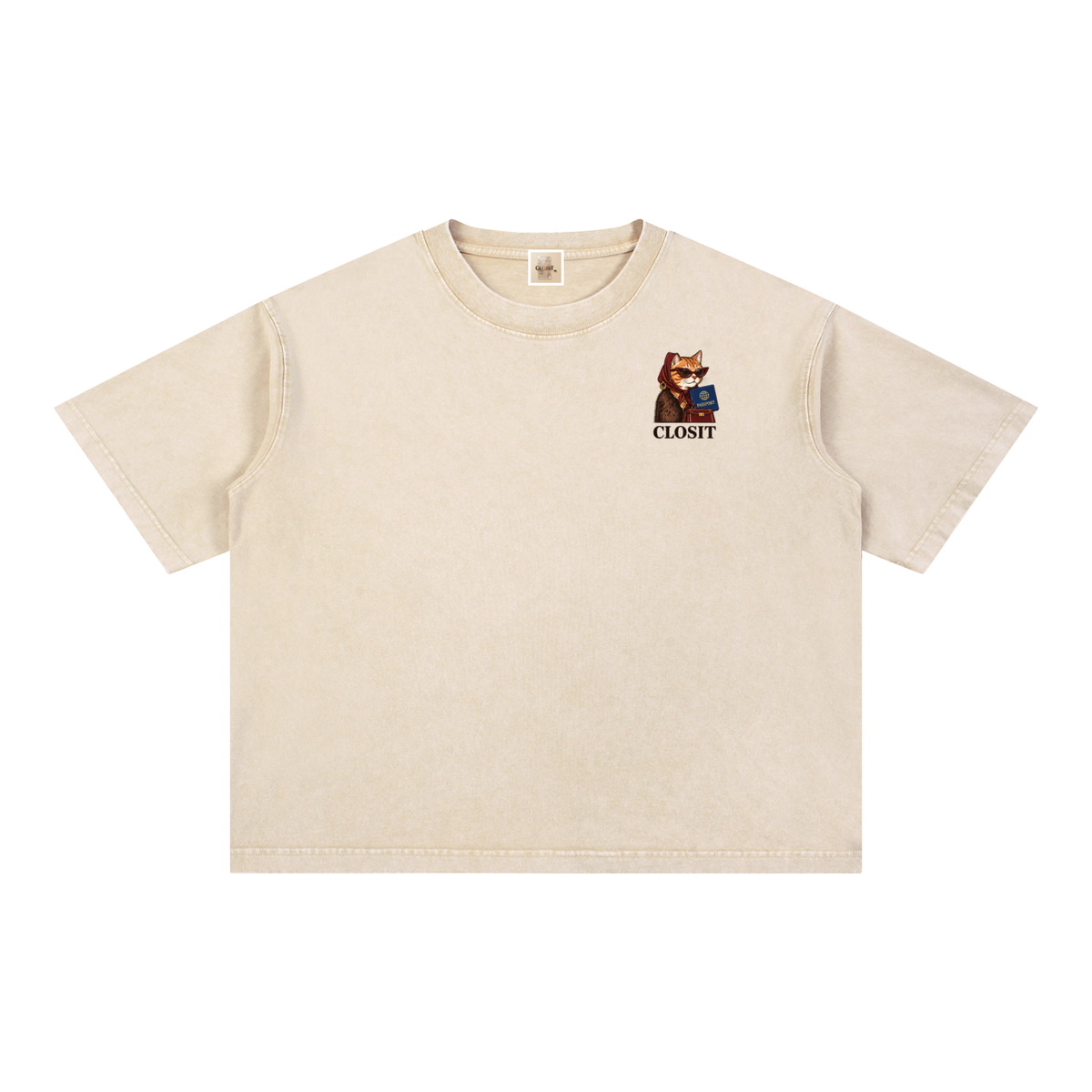 Light Apricot oversized T-shirt, front view with small cat-with-passport graphic and Closit lettering.
