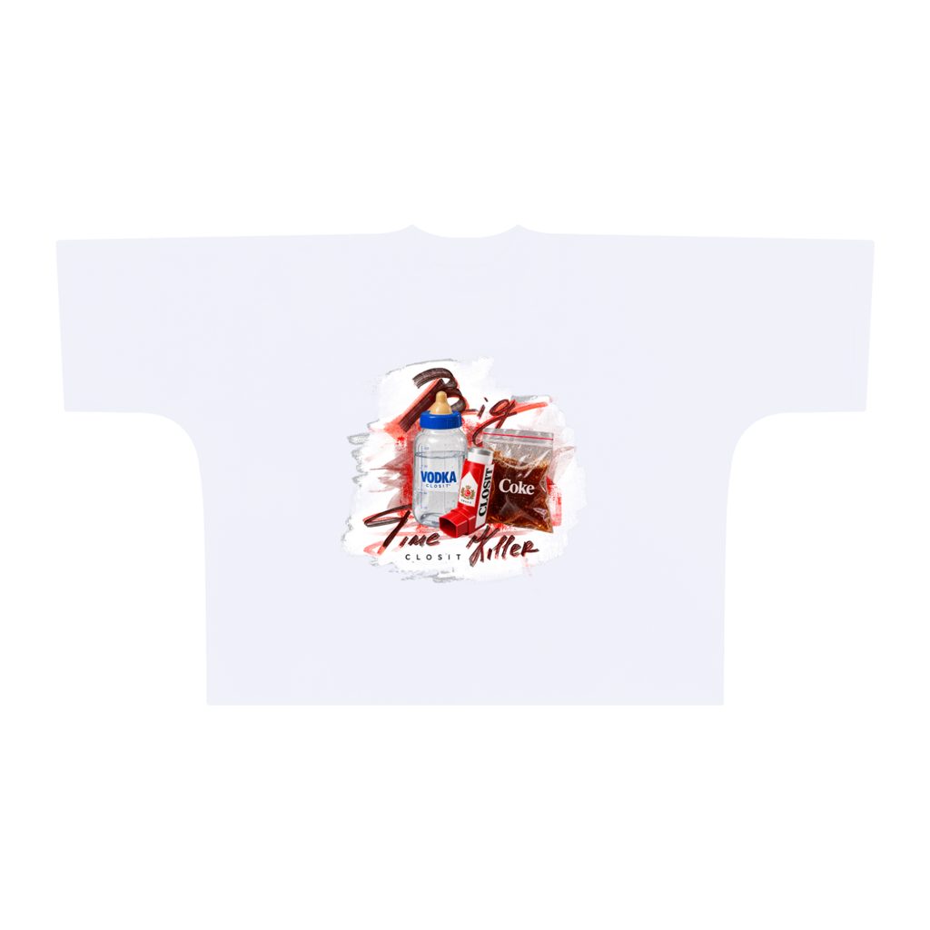 White oversized boxy T-shirt, front view with Big Time Killer collage with hammer, bottle, glass and lipstick.