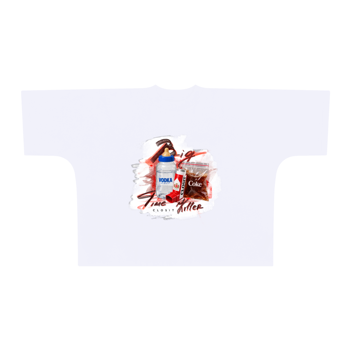 White oversized boxy T-shirt, front view with Big Time Killer collage with hammer, bottle, glass and lipstick.