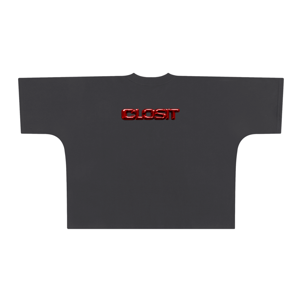 Dark Gray oversized boxy T-shirt, back view with small red Closit logo.