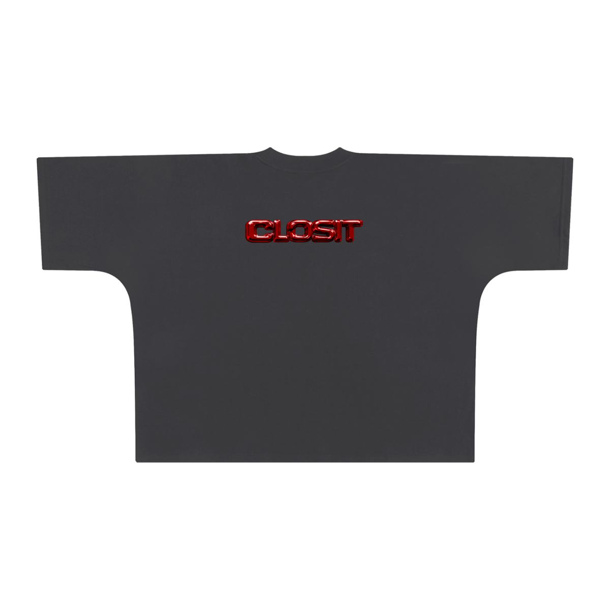 Dark Gray oversized boxy T-shirt, back view with small red Closit logo.