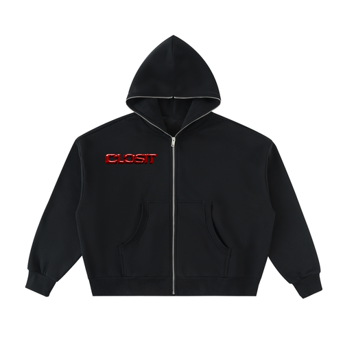 Black full-zip boxy hoodie, front view with small red Closit logo and full-length zipper.
