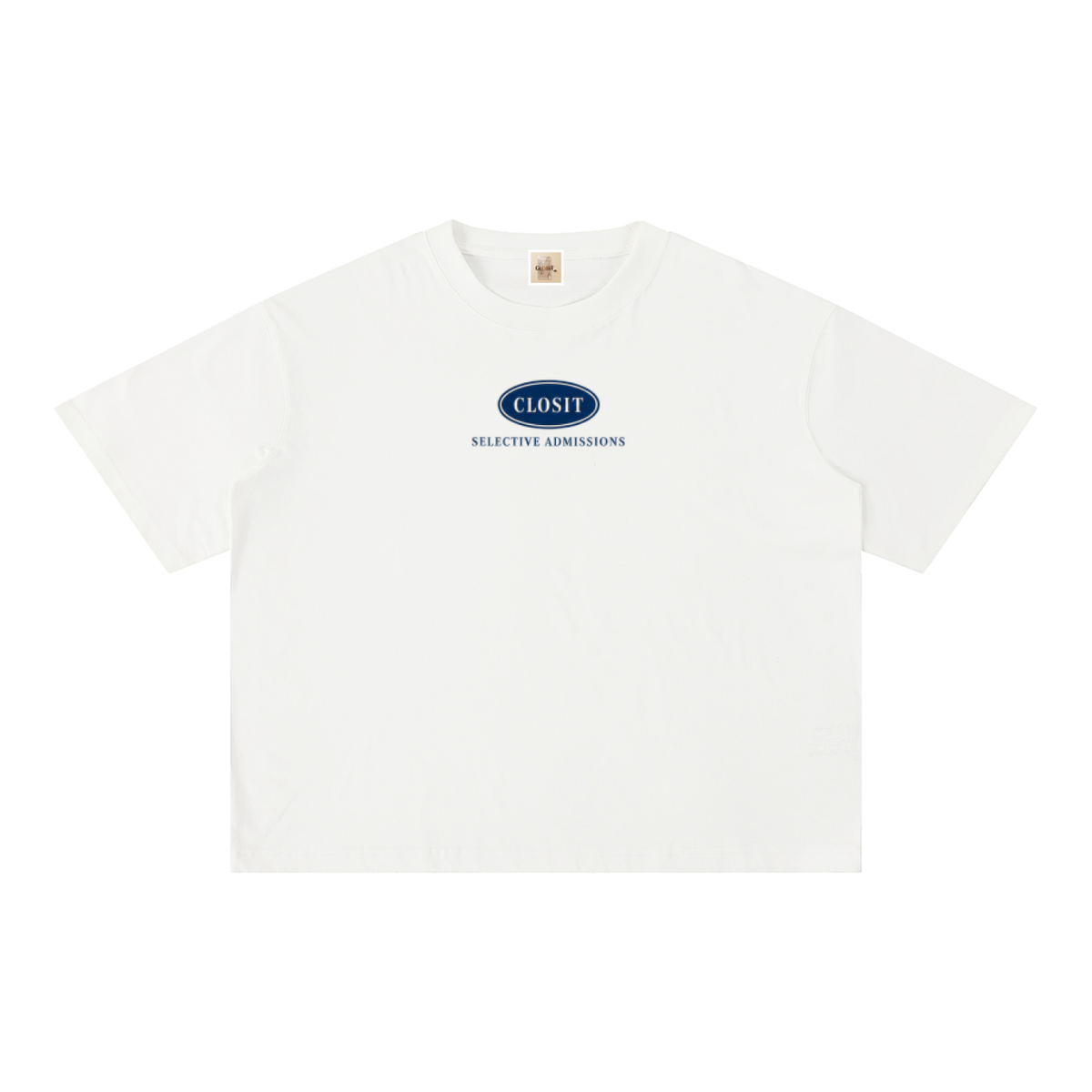 Front of the white oversized tee with navy Closit logo and Selective Admissions text.