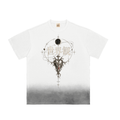 White sunfade T-shirt, front view with VISION Japanese lettering and celestial heart artwork above a gray faded hem.