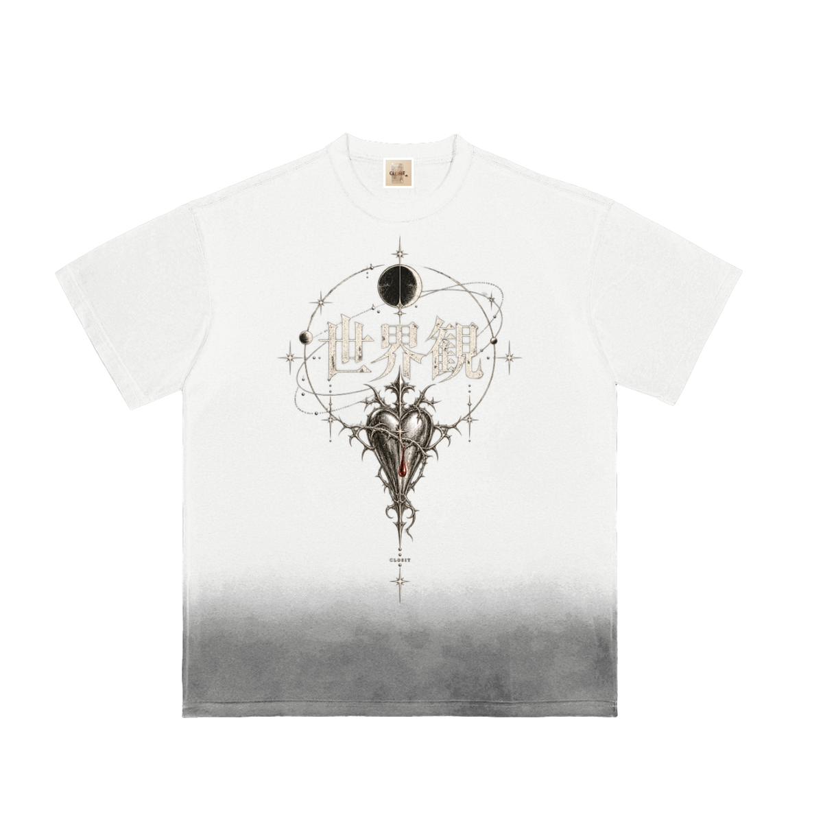White sunfade T-shirt, front view with VISION Japanese lettering and celestial heart artwork above a gray faded hem.