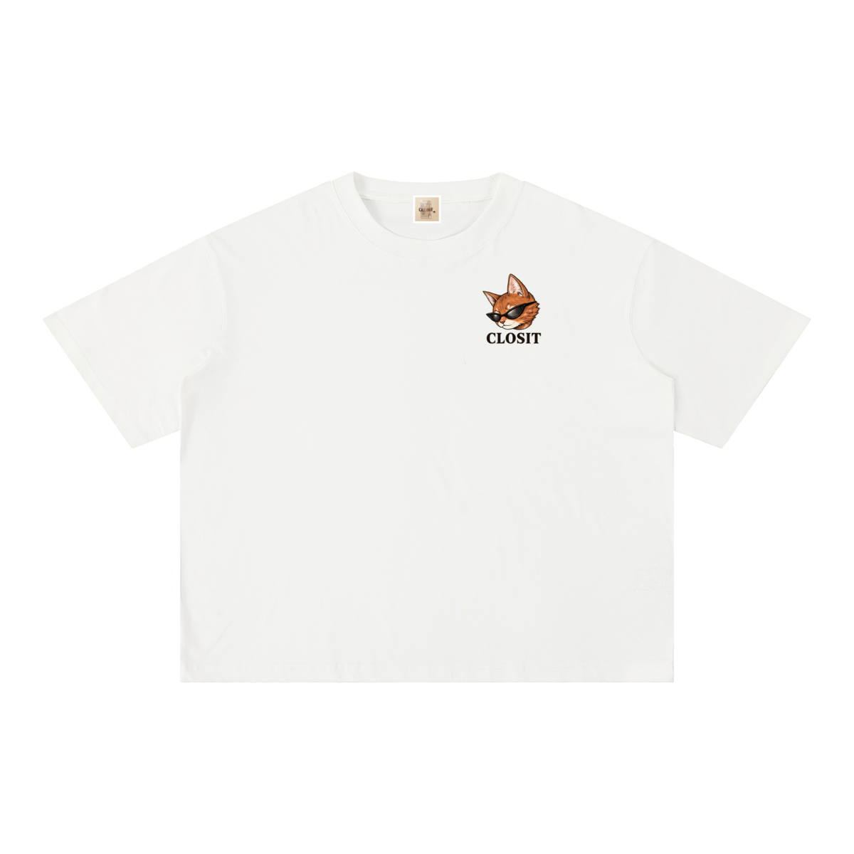 White oversized T-shirt, front view with small cat graphic and Closit lettering.