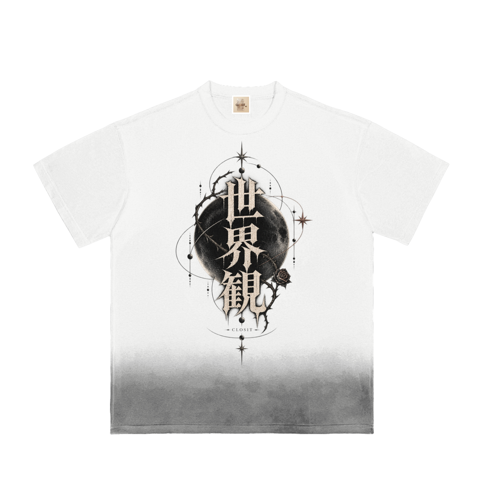 White sunfade T-shirt, front view with VISION Japanese lettering, moon and rose artwork above a gray faded hem.