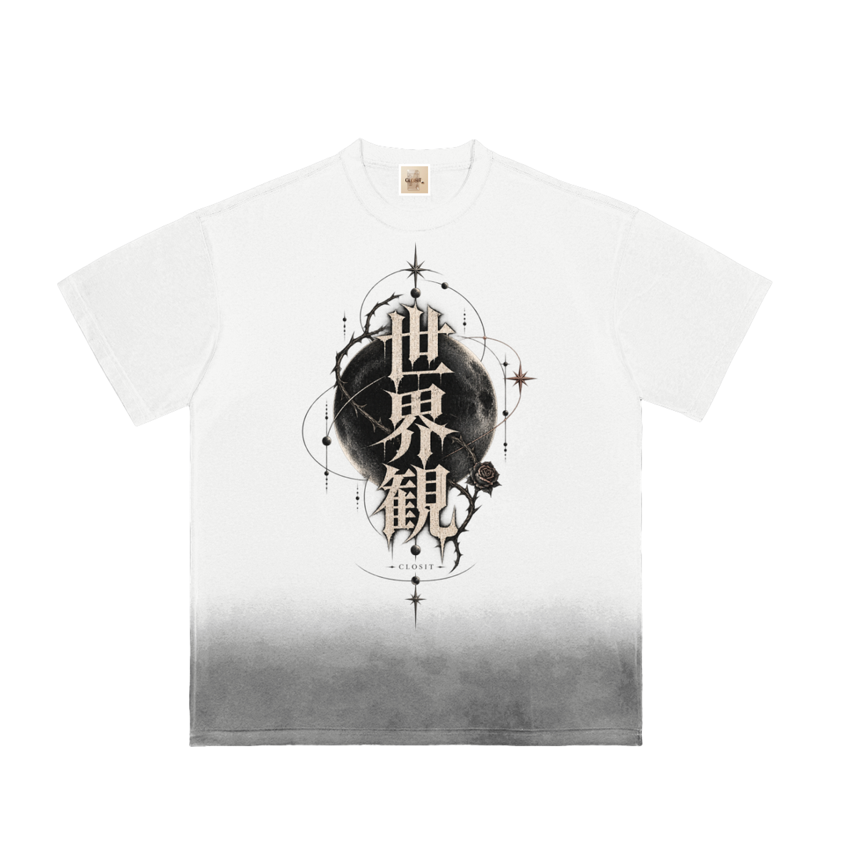 White sunfade T-shirt, front view with VISION Japanese lettering, moon and rose artwork above a gray faded hem.