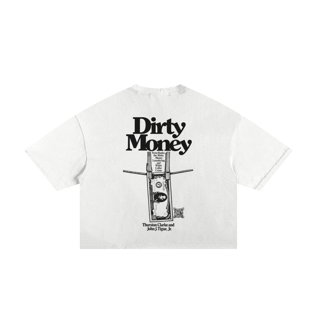 White frayed boxy T-shirt, back view with Dirty Money lettering and dollar-bill graphic.