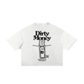 White frayed boxy T-shirt, back view with Dirty Money lettering and dollar-bill graphic.