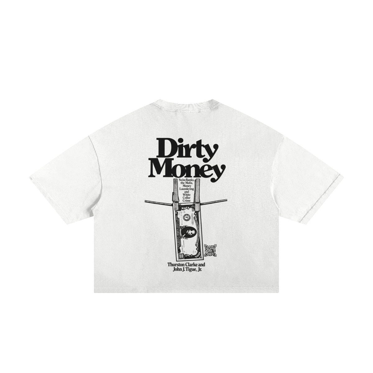 White frayed boxy T-shirt, back view with Dirty Money lettering and dollar-bill graphic.