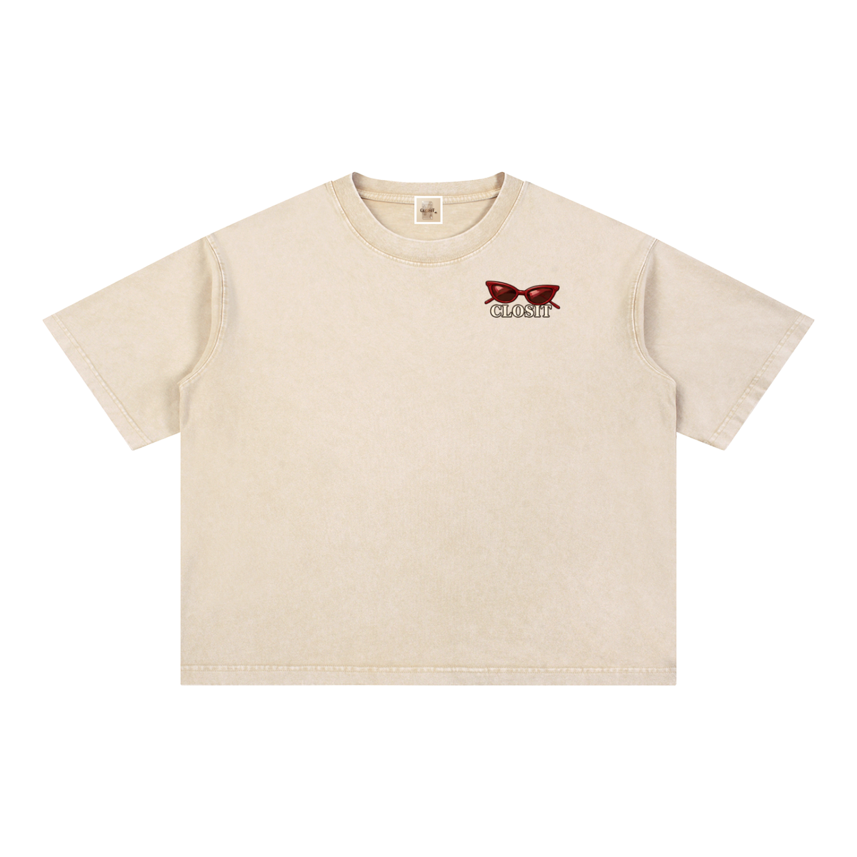 Light Apricot oversized T-shirt, front view with small sunglasses graphic and Closit lettering on the chest.