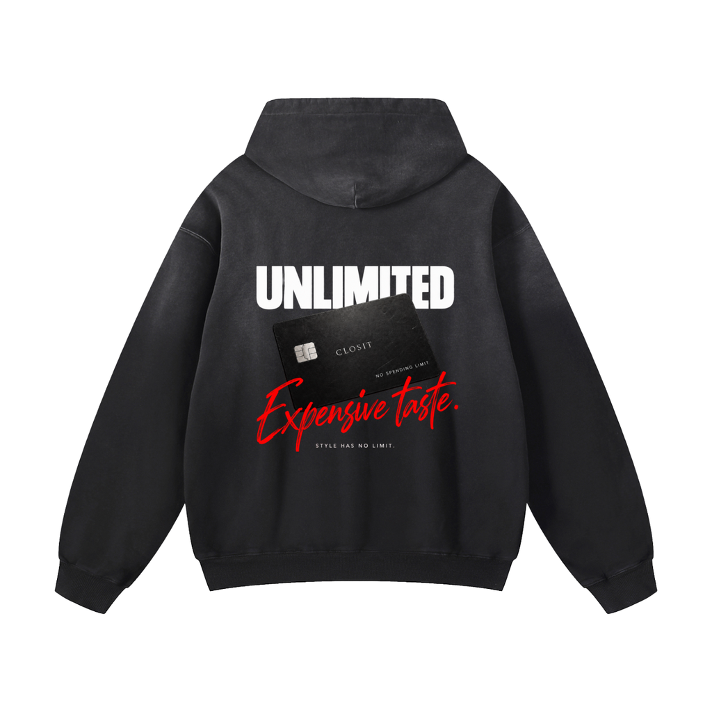 Black sunfade oversized hoodie, back view with Unlimited Expensive Taste slogan and black credit-card graphic.