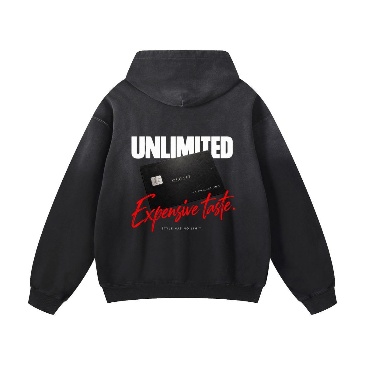 Black sunfade oversized hoodie, back view with Unlimited Expensive Taste slogan and black credit-card graphic.