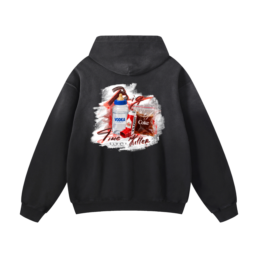 Black sunfade oversized hoodie, back view with Big Time Killer collage with hammer, bottle, glass and lipstick.