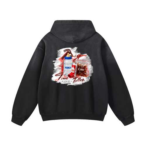 Black sunfade oversized hoodie, back view with Big Time Killer collage with hammer, bottle, glass and lipstick.