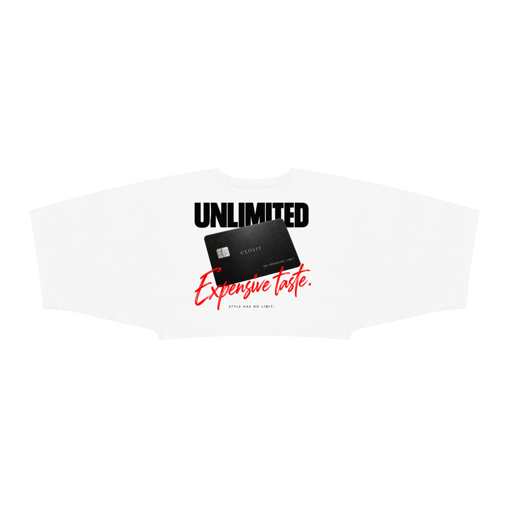 White batwing sleeve T-shirt, front view with black Unlimited lettering, black credit card and red Expensive Taste script.