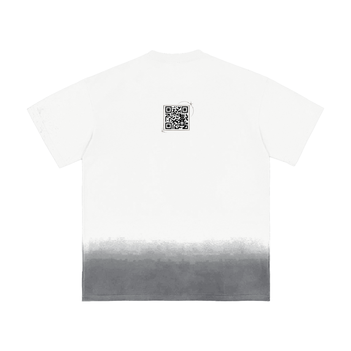 White sunfade T-shirt, back view with QR code below the neckline and gray faded hem.