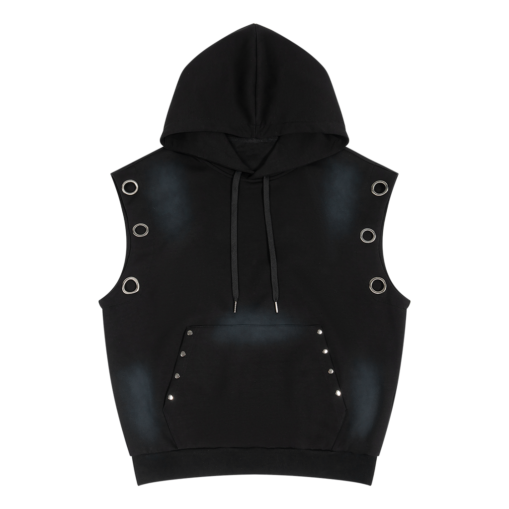 Black sleeveless hoodie, front view with metal eyelets around the armholes and kangaroo pocket.