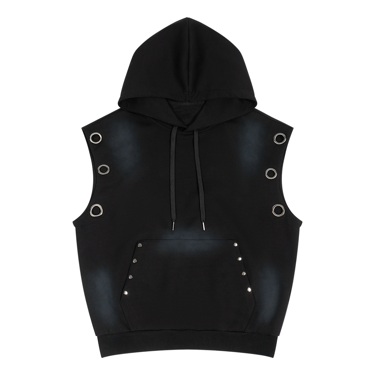 Black sleeveless hoodie, front view with metal eyelets around the armholes and kangaroo pocket.