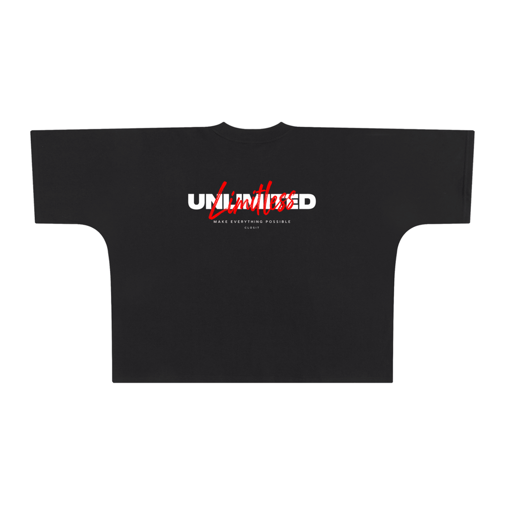 Black oversized boxy T-shirt, back view with small Unlimited lettering with red script.