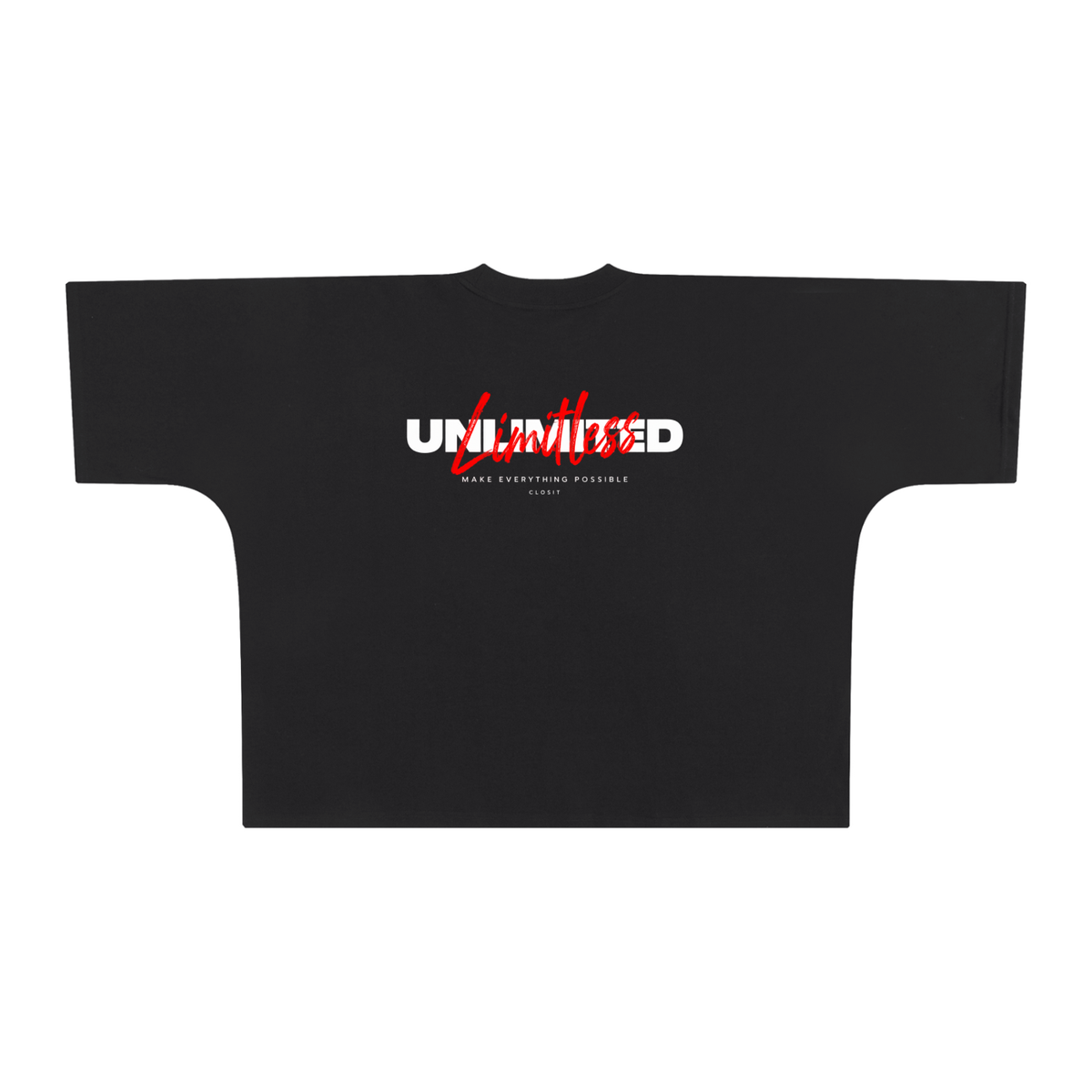Black oversized boxy T-shirt, back view with small Unlimited lettering with red script.