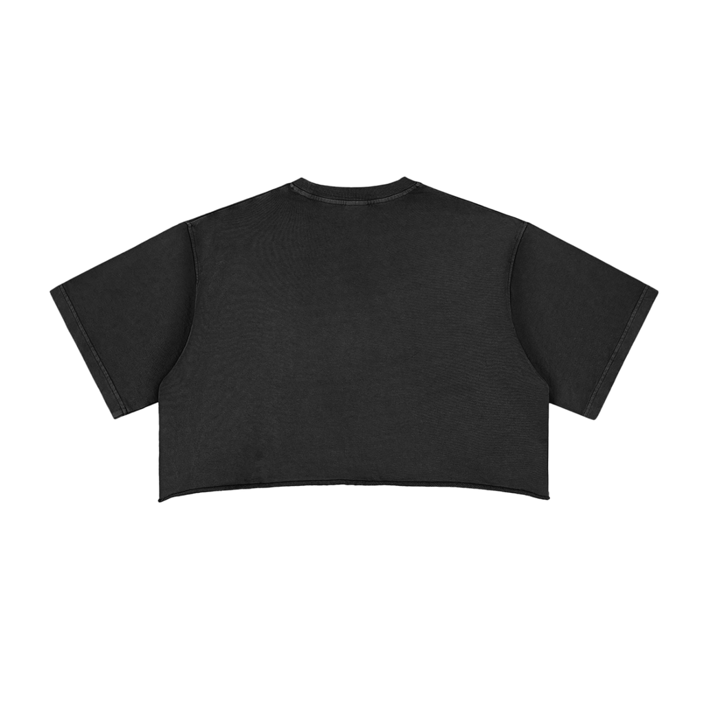 Black raw-edge crop top, back view with plain fabric and cropped hem.