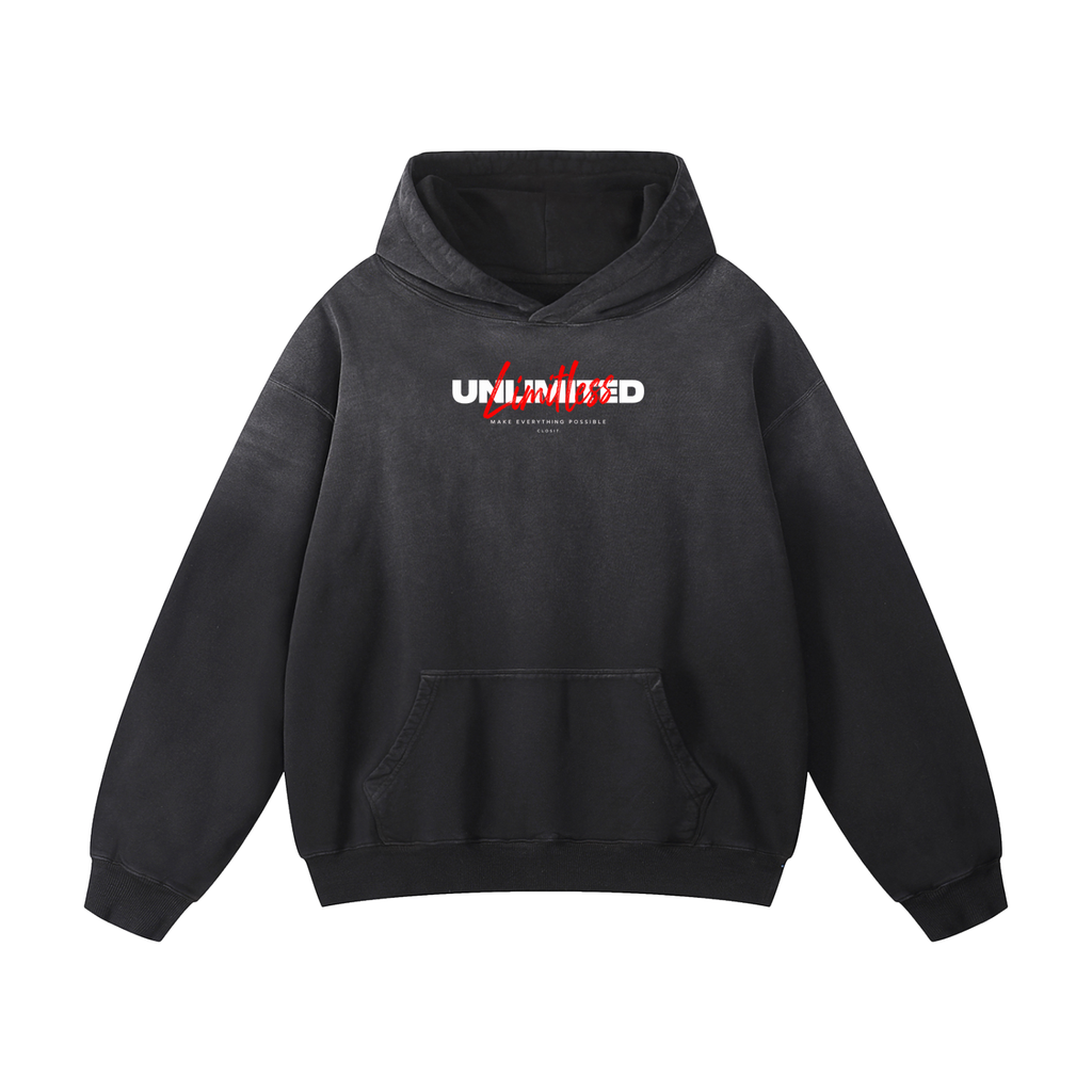 Black sunfade oversized hoodie, front view with white Unlimited lettering with red script above the kangaroo pocket.