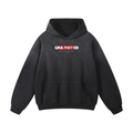 Black sunfade oversized hoodie, front view with white Unlimited lettering with red script above the kangaroo pocket.