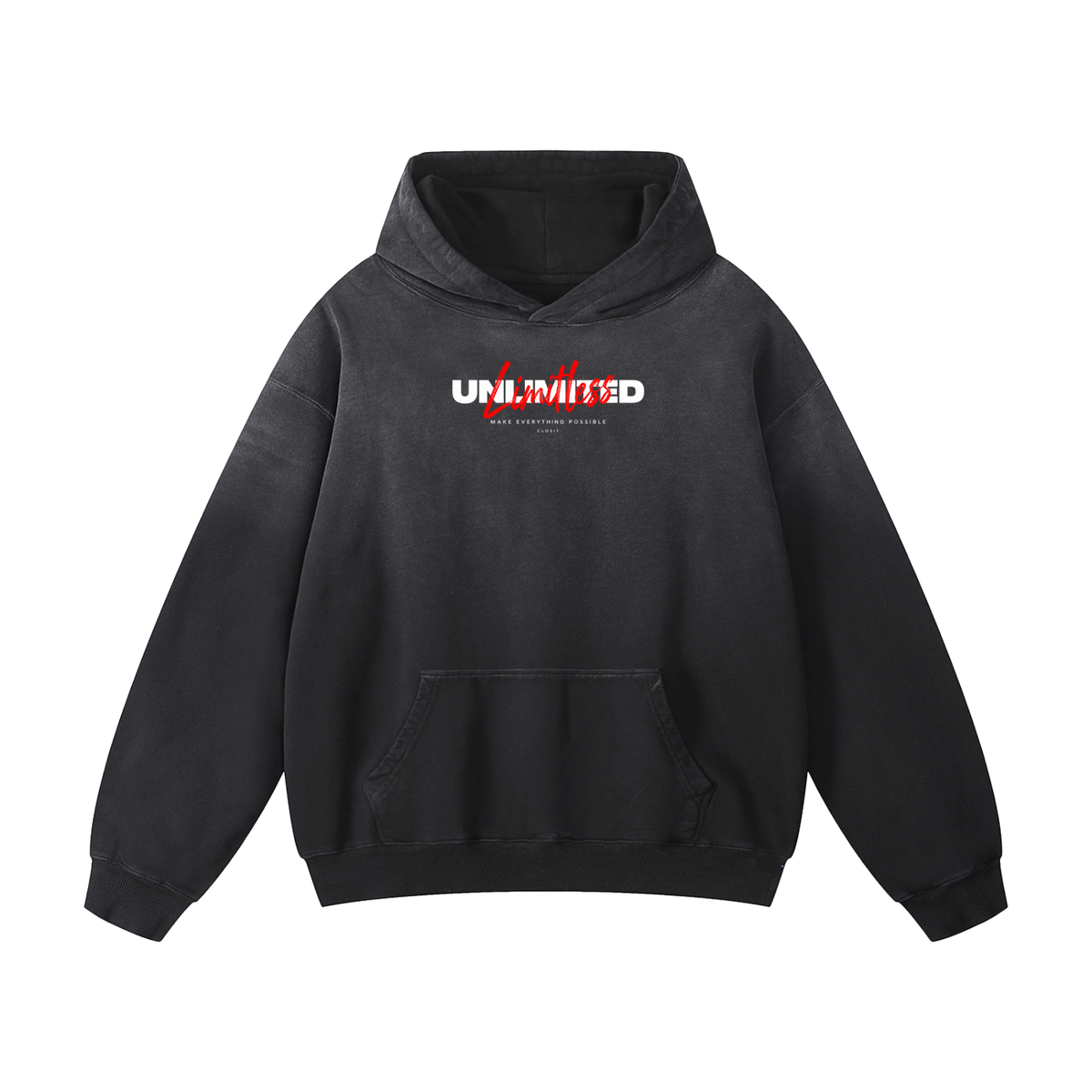 Black sunfade oversized hoodie, front view with white Unlimited lettering with red script above the kangaroo pocket.
