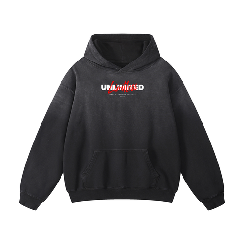 Black sunfade oversized hoodie, front view with white Unlimited lettering with red script above the kangaroo pocket.