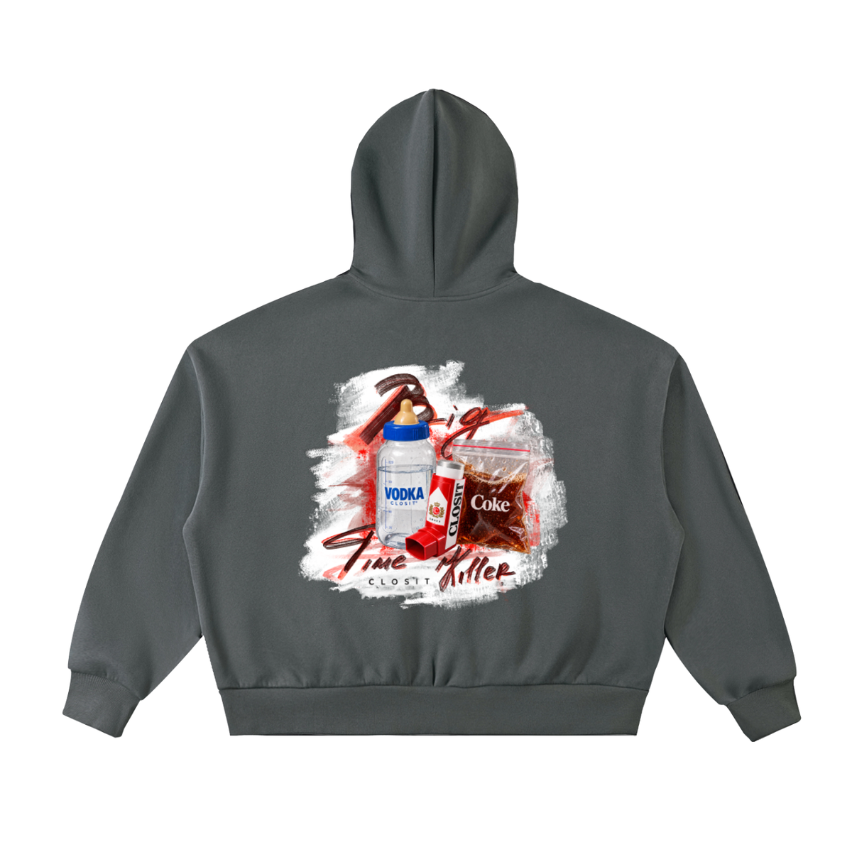 Charcoal Gray full-zip boxy hoodie, back view with Big Time Killer collage with hammer, bottle, glass and lipstick.