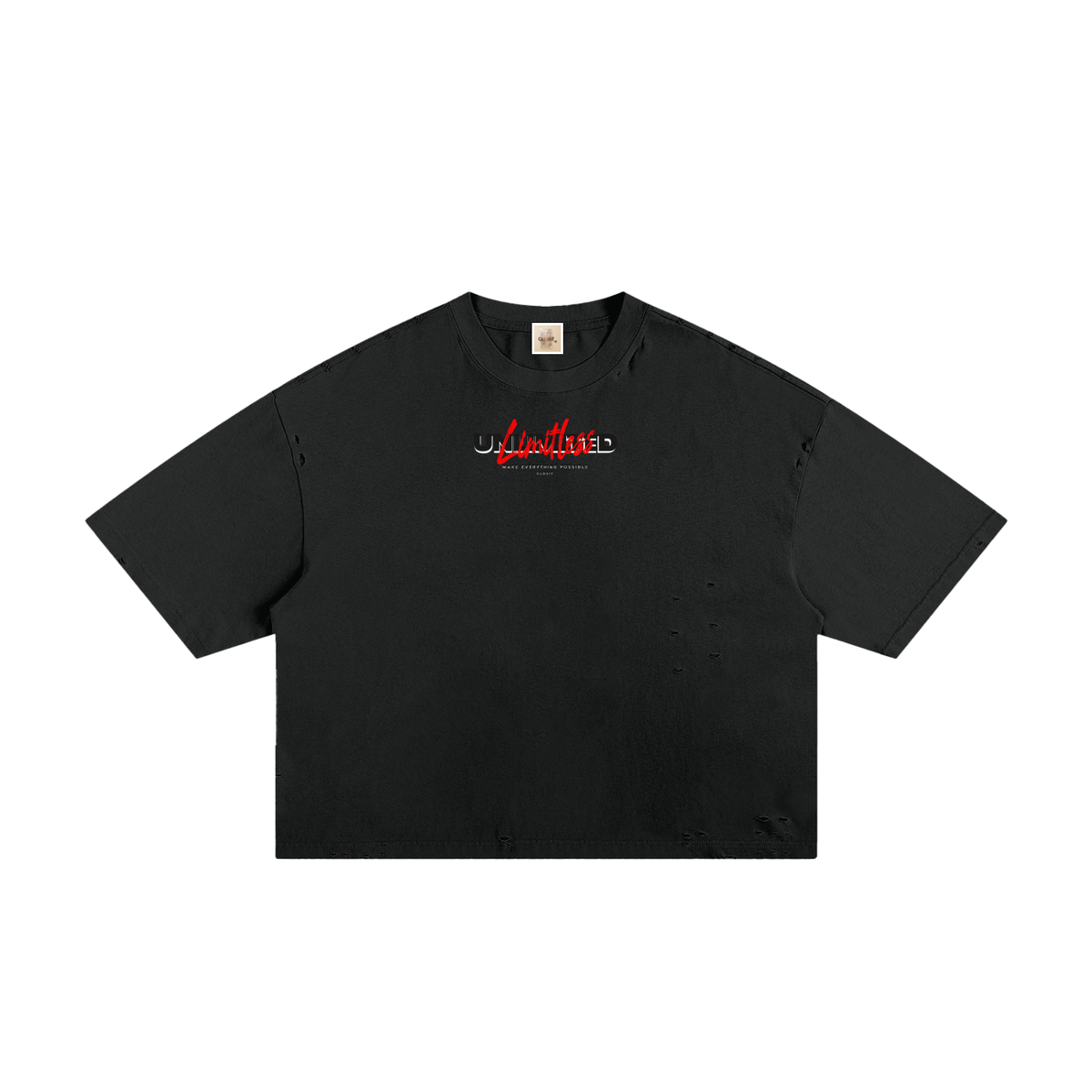 Black frayed boxy T-shirt, front view with small Unlimited lettering with red script.