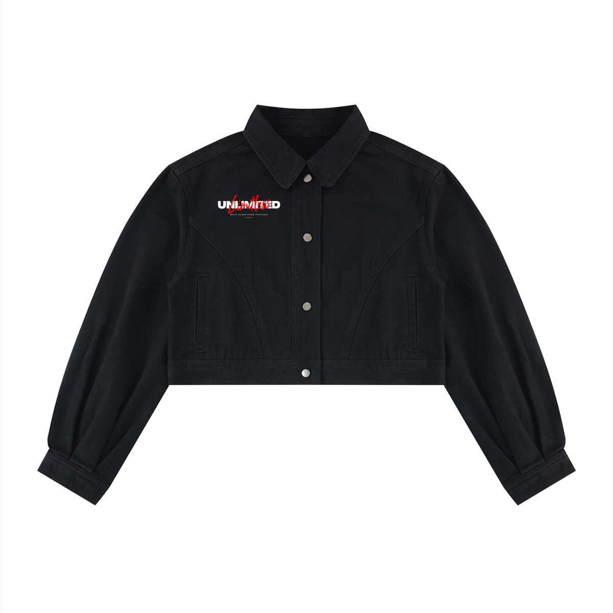 Black cropped denim jacket, front view with button closure, collar and small chest lettering.