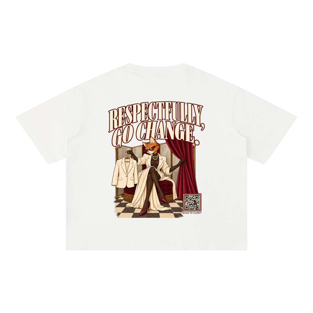 Back of the white oversized tee with Respectfully, Go Change text and a fashion illustration.