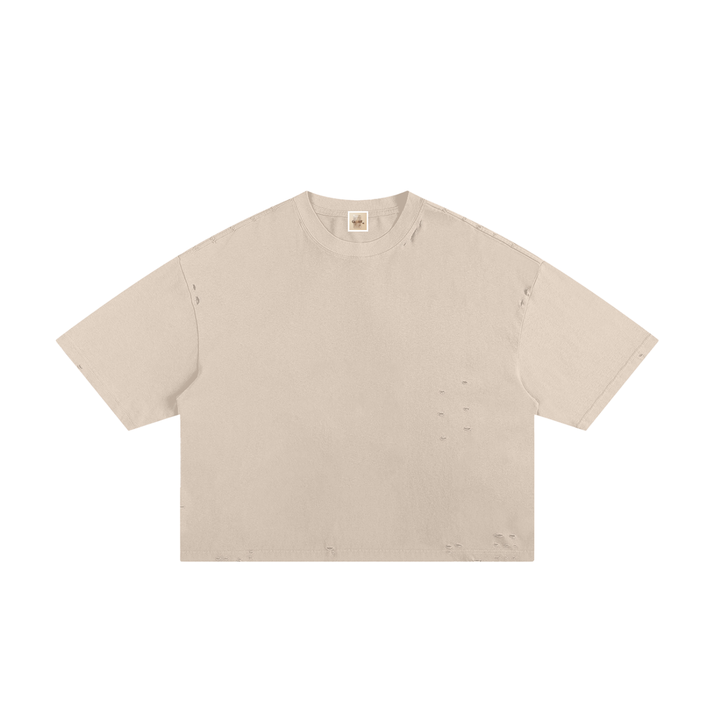 Apricot frayed boxy T-shirt, front view with plain fabric without a printed graphic.