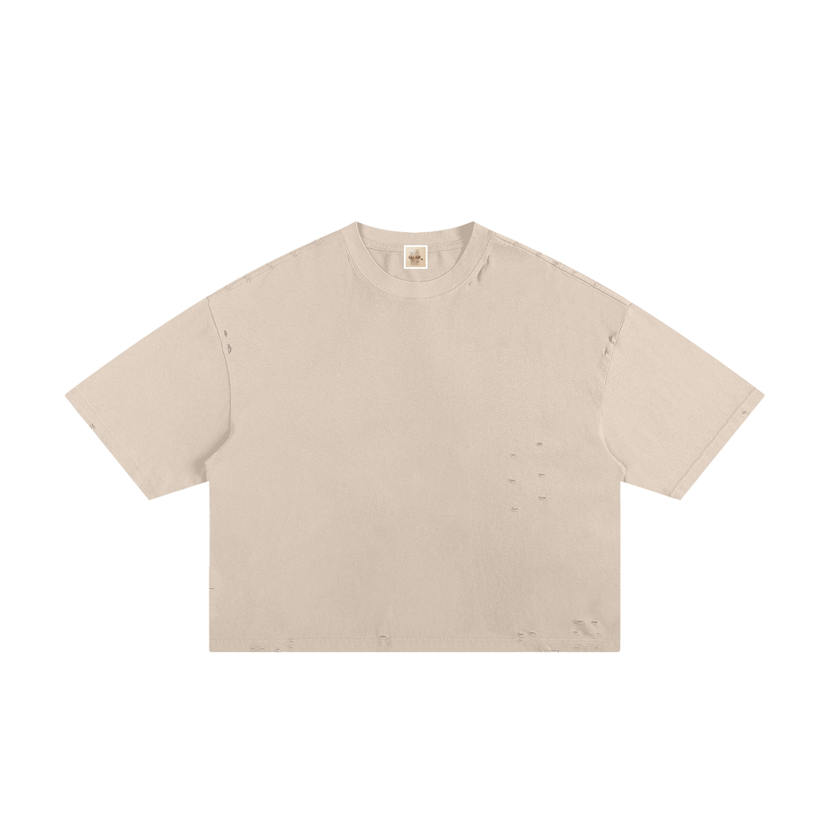 Apricot frayed boxy T-shirt, front view with plain fabric without a printed graphic.
