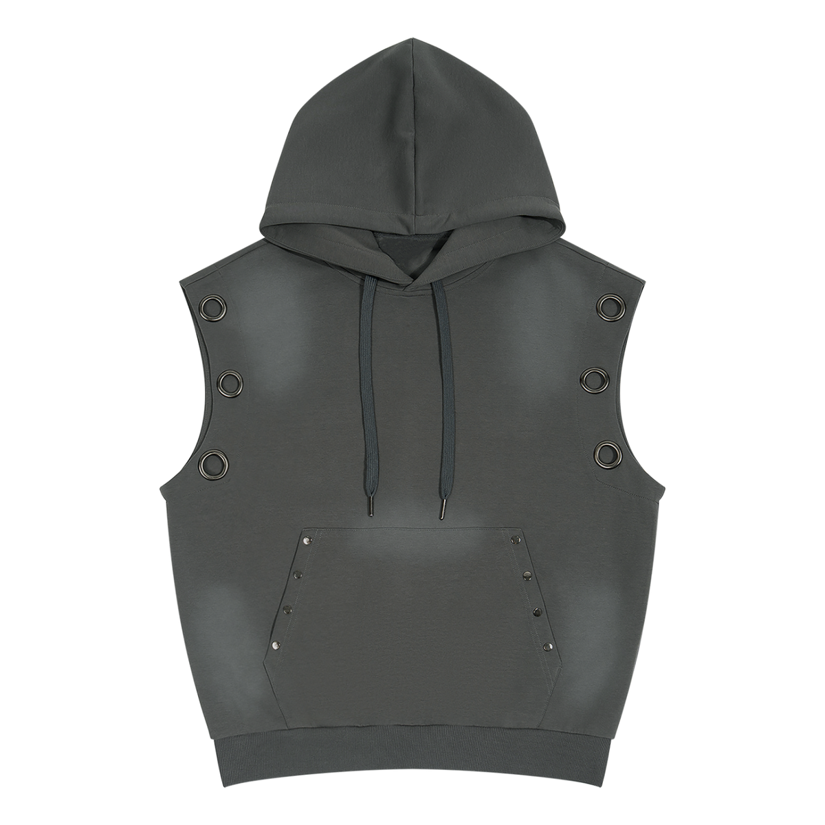 Dark Gray sleeveless hoodie, front view with metal eyelets around the armholes and kangaroo pocket.
