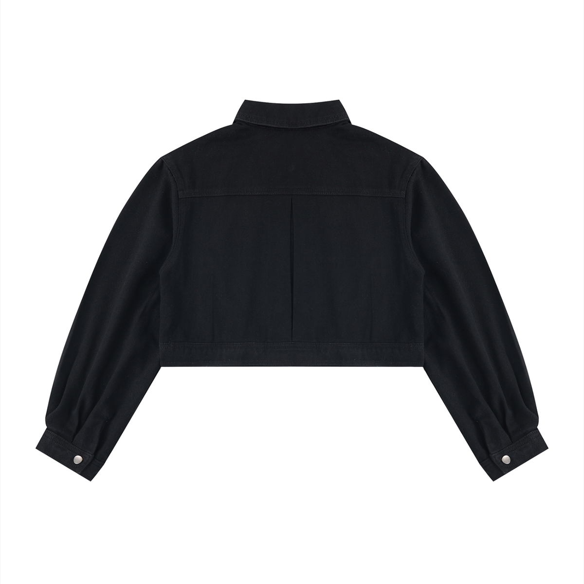 Black cropped denim jacket, back view with plain denim and cropped hem.