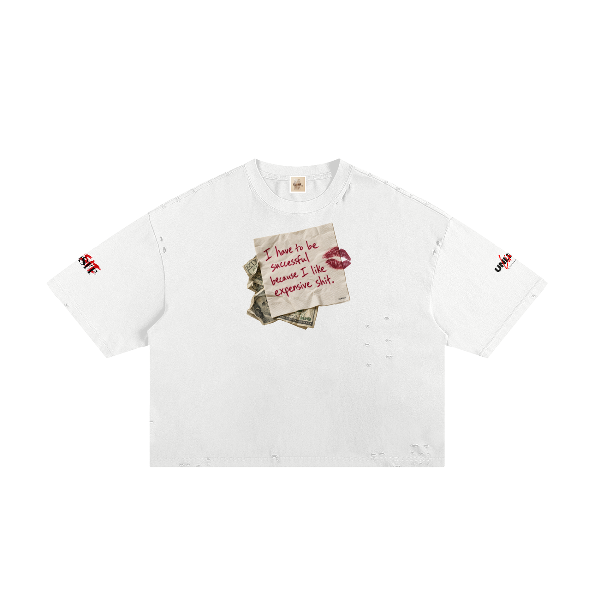 White frayed boxy T-shirt, front view with Expensive Shit note graphic and printed sleeves.