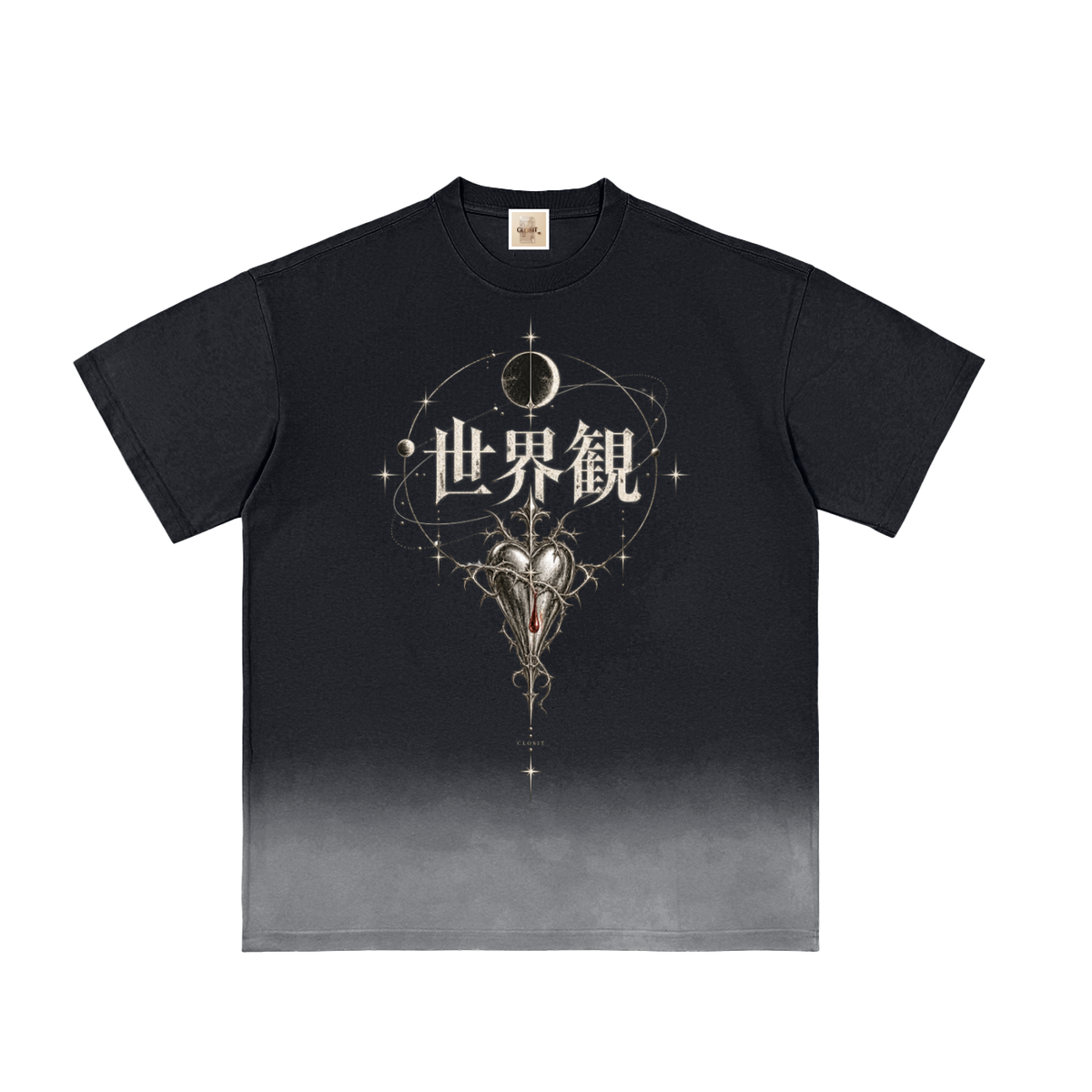 Black sunfade T-shirt, front view with VISION Japanese lettering and celestial heart artwork above a gray faded hem.